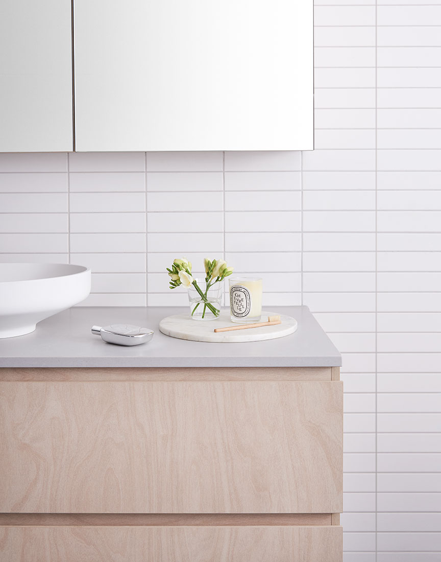 Bathroom vanity featuring Laminex Raw Birchply